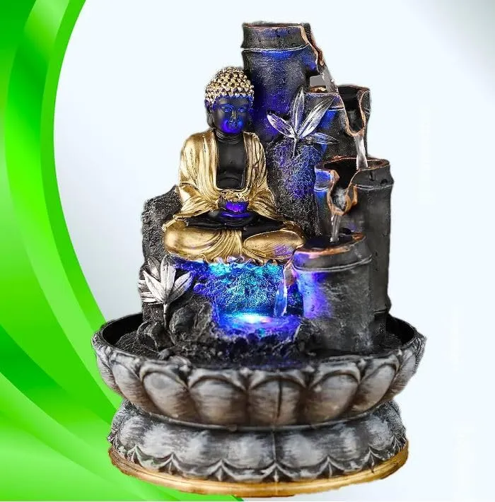 Ativan decor Polyresin Table Top Indoor Outdoor Water Fountain with LED Lights for Home Decor Decoration Showpiece Gift Gifting Items Buddha Fountain