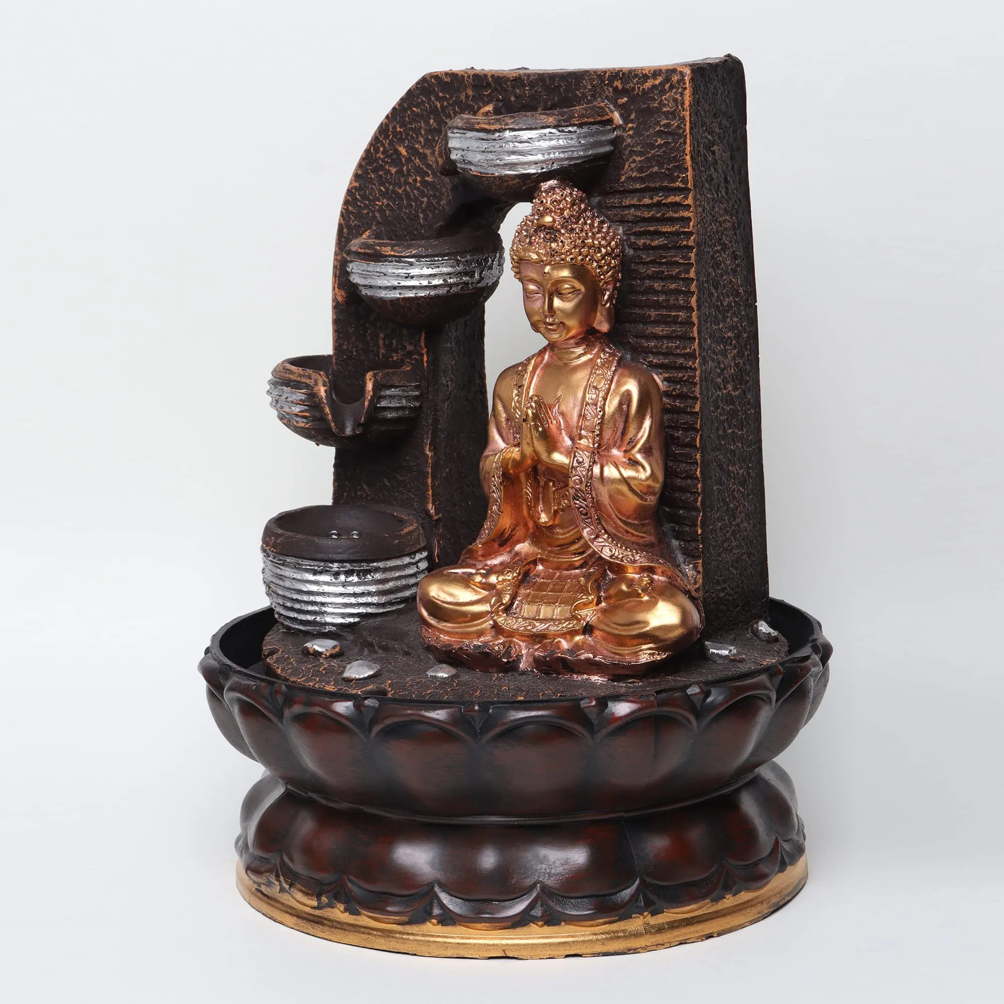 VIVARS Lord Buddha Ji Tabletop Waterfall Fountain Meditation 4 Tier Relaxing Indoor Decoration, Lord Budha Ji Waterfall Kit with LED Light for Home Office Decor Golden-Brown