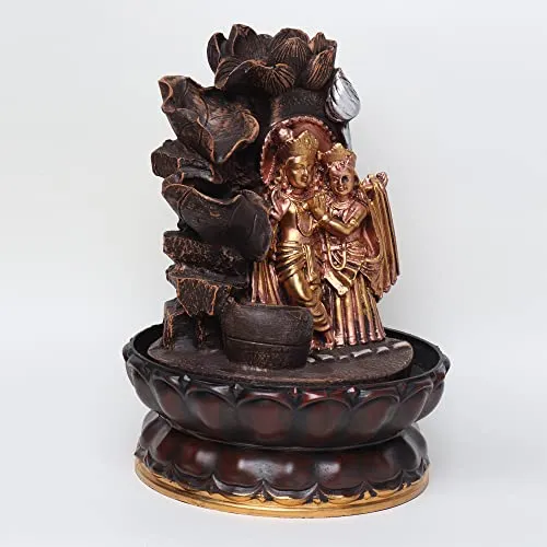 VIVARS Lord Radha-Krishna Ji Tabletop Waterfall Fountain Indoor Decoration, Lord Radha-Krishna Ji Waterfall Kit with Led Light for Home Office Decor Golden-Brown